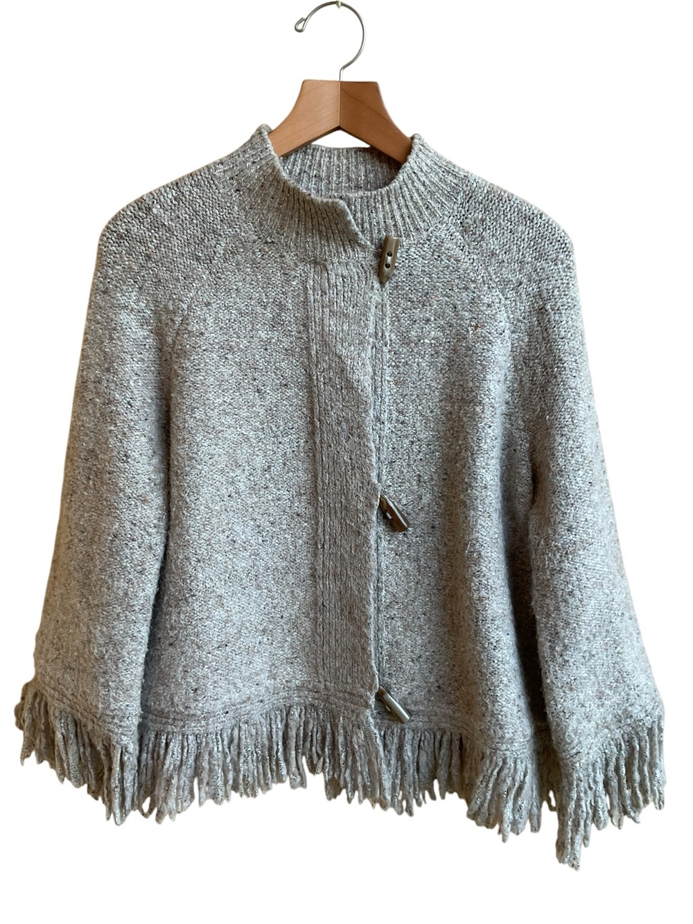 Ruby Rd  L Boho Poncho Cardigan Oatmeal Fringe Toggle Lagenlook Sweater VINTAGE - Picture 4 of 14